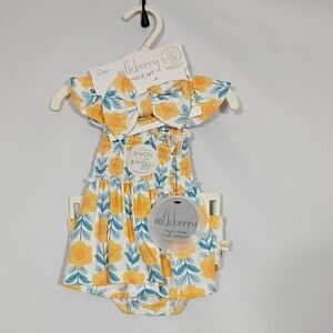 NWT Milkberry Orange Floral Print 3 PC Bloomer Set W Bow Size 0-3 Month Bamboo
